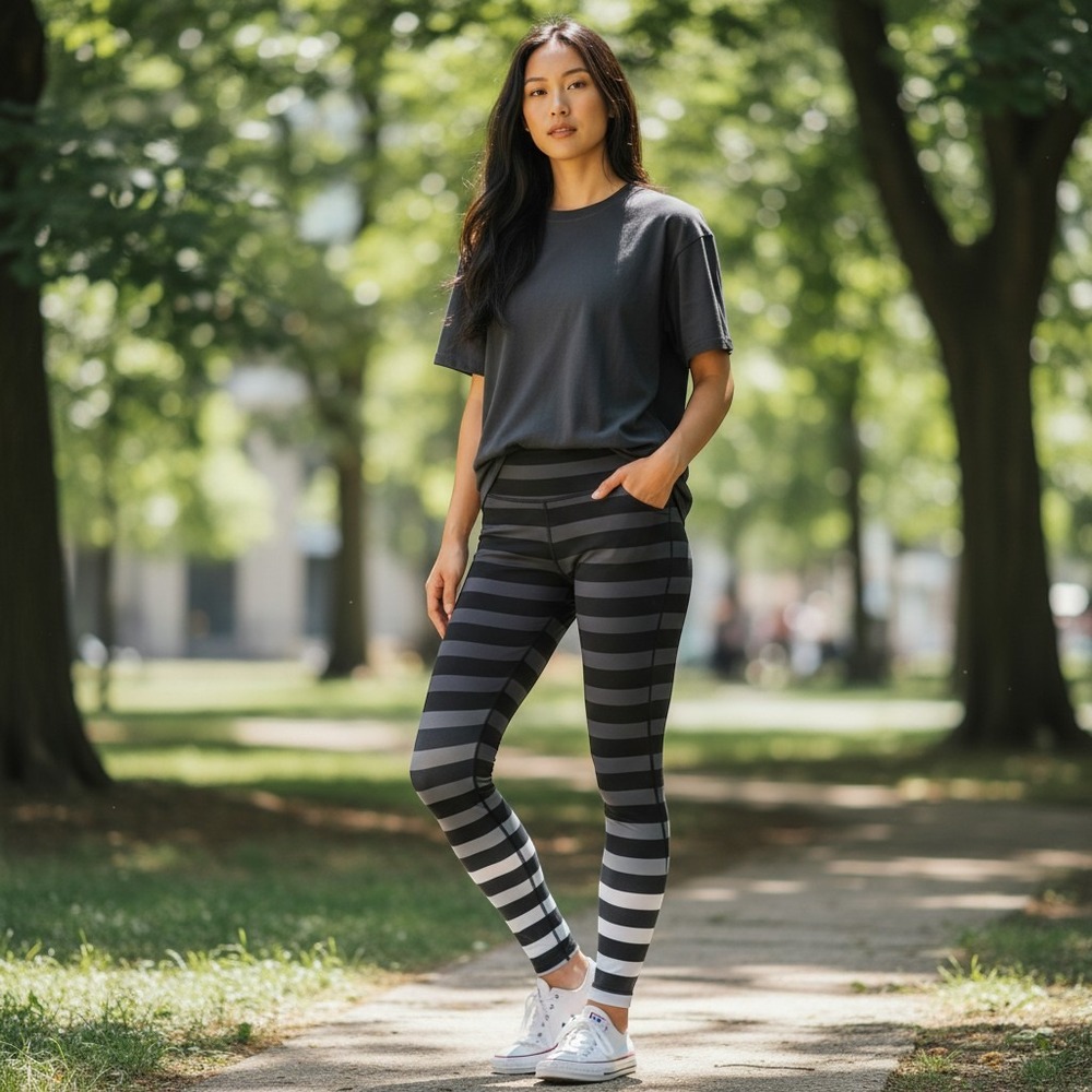Athleta Womens Black Grey Striped High Rise Performance Leggings Size S